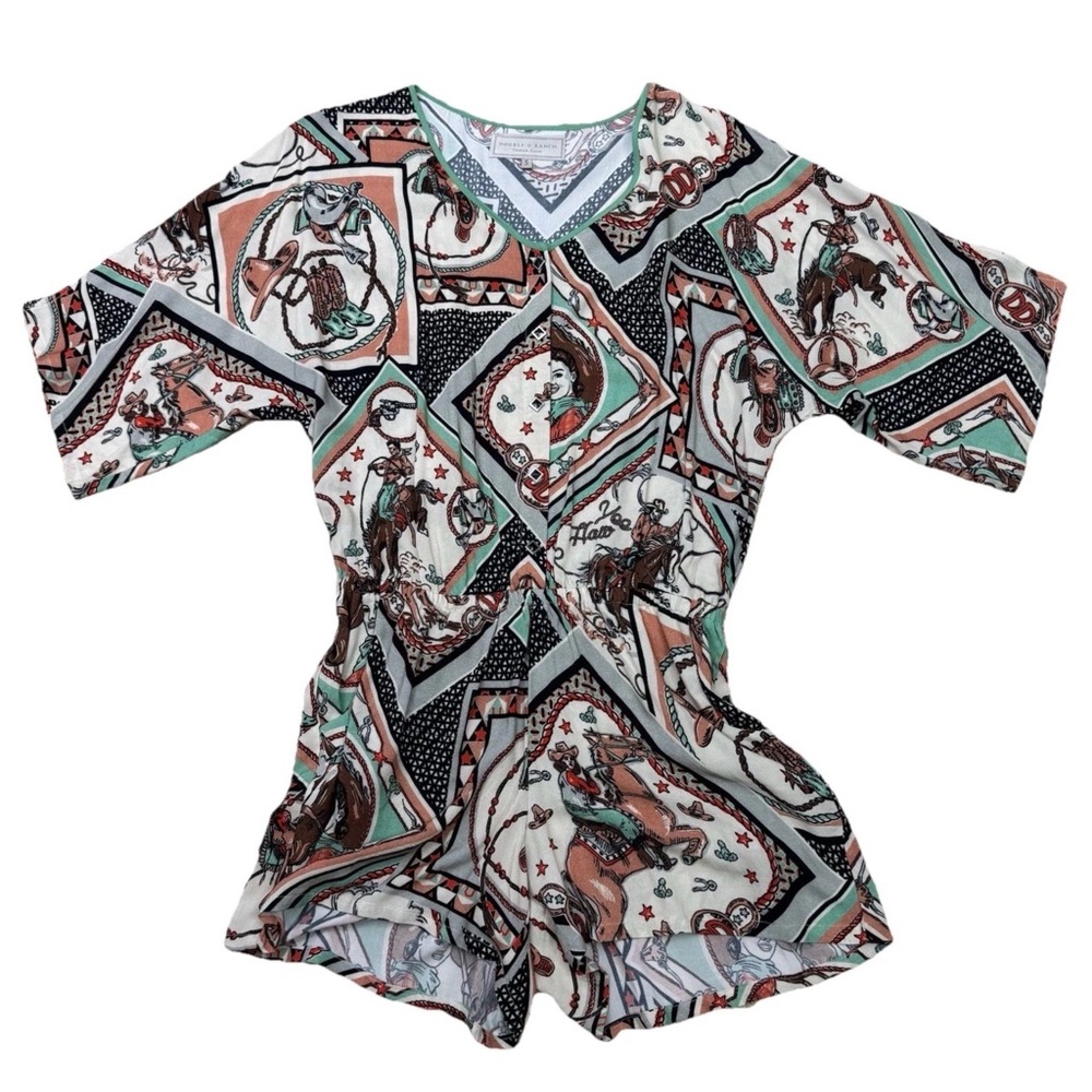 Graphic Western Print Romper in Mint, Rust & Black